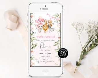 Safari Two wild birthday e-vite. Girl pink jungle animals electronic invitation. Two wild girl birthday e-vite #saf2