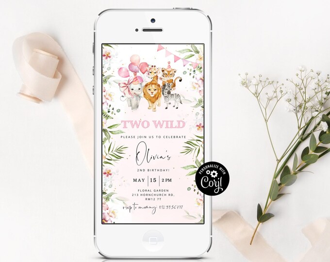 Safari Two wild birthday e-vite. Girl pink jungle animals electronic invitation. Two wild girl birthday e-vite #saf2