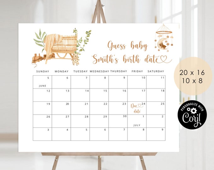 Boho nursery Guess the due Date calendar. Gender neutral Boho nursery Guess The Baby Birthday Game. Baby Shower Due Date Prediction #12