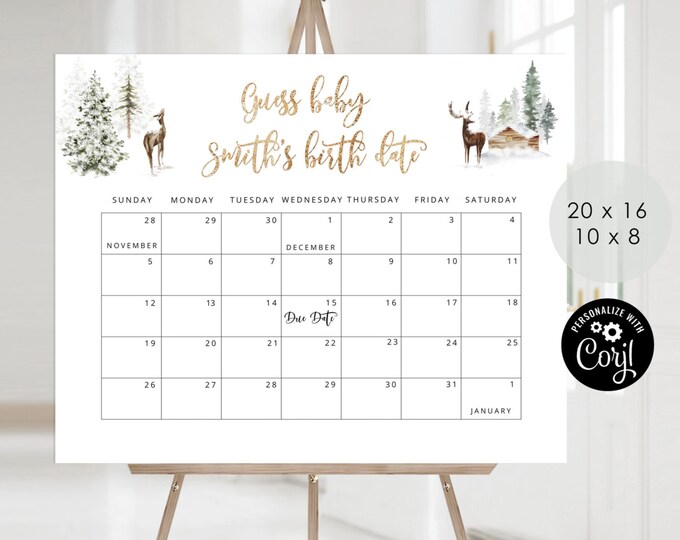 Guess the due Date calendar. Minimalist deer Guess The Baby due date sign. Winter guess baby birthday calendar template #w3