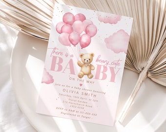 Pink ballons teddy bear Baby Shower Invitation. Editable a beary cute Baby Shower Invitation. Baby girl Shower Invitation #p12