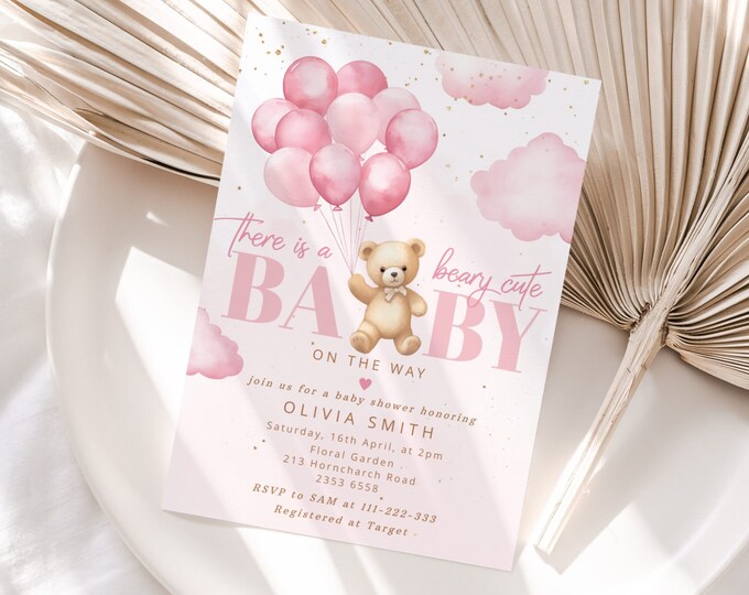 Pink ballons teddy bear Baby Shower Invitation. Editable a beary cute Baby Shower Invitation. Baby girl Shower Invitation #p12