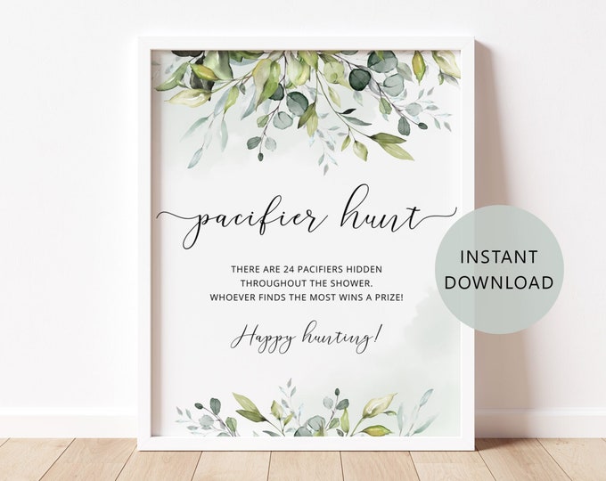 Pacifier Hunt Sign, Greenery Pacifier hunt Sign. Greenery Baby Shower Games. Eucalyptus Find The Pacifier Game Printable Instant Download 02