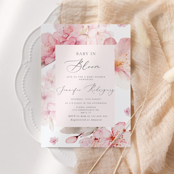 Baby in bloom Baby Shower Invitation template.  Cherry blossom baby shower Invitation. Sakura It's a Girl baby Shower Invitation. Corjl #s1