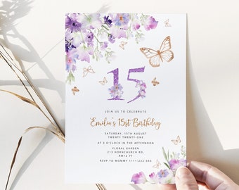 Butterfly 15th Birthday invitation. Floral Lilac gold butterfly birthday invitation #06