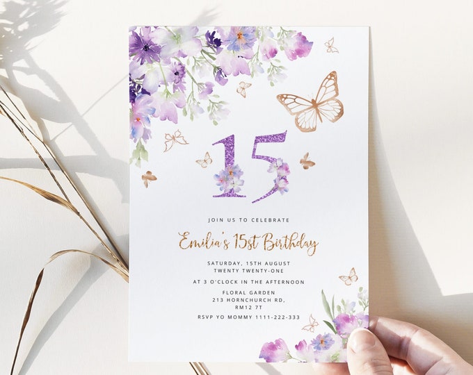 Butterfly 15th Birthday invitation. Floral Lilac gold butterfly birthday invitation #06