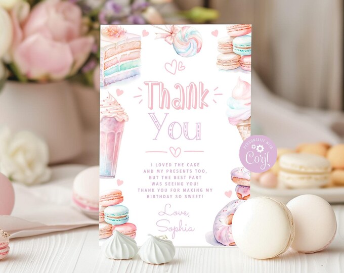 Sweet birthday thank you card. Editable ice cream macarons birthday thank you card. Sweets thank you card Corjl template #ice1