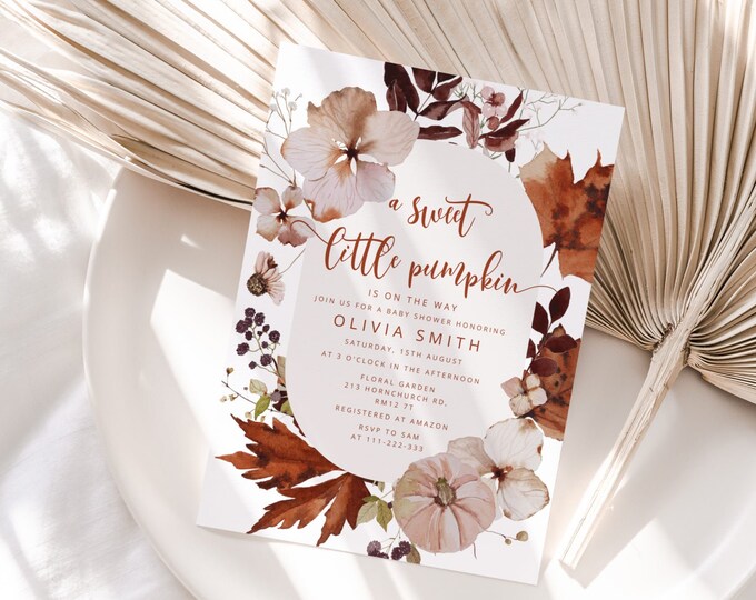 Boho Pumpkin Baby Shower Invitation. Terracotta Fall Baby Shower Invitation template. Little Pumpkin Baby Shower Invite.  Corjl template #p5