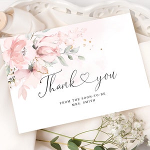 Blush Braut Danke Karte Druckbare Vorlage.  Elegante Rosen Dankeskarte. Florale Braut shower Dankeskarte. Rosen Dankeskarte #03