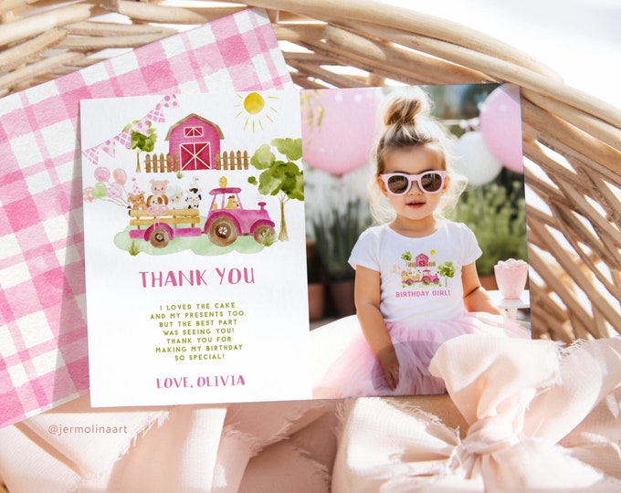 Farm pink tractor thank you card with photo. Editable farm animals girl birthday thank you card. Girl barnyard birthday thank you card #f1