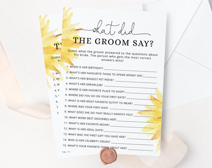 Sunflower What did the groom say game. Sunflower What did he say Bridal Shower Game.  Instant Download #sun1