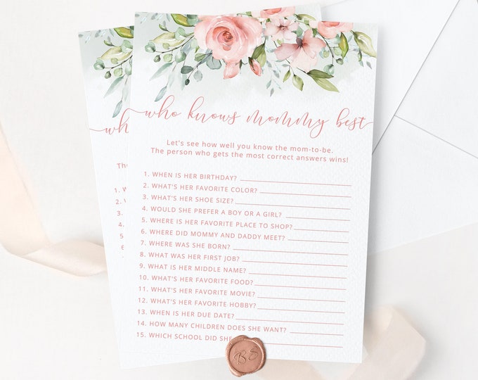 Who Knows Mommy Best game. Printable blush pink baby shower game. Floral Baby Shower Game. Instant Download #fl2