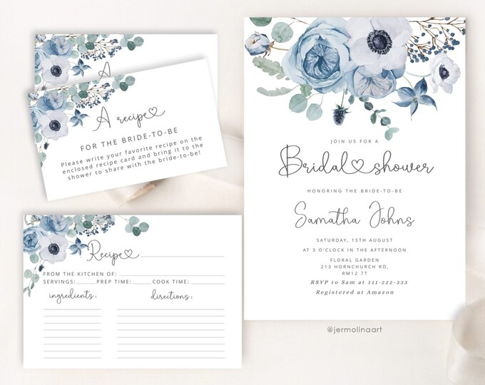 Dusty blue Bridal shower invitation bundle. Dusty blue Bridal Shower invitation, Floral dusty blue recipe card #dus