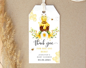 Bee baby shower thank you tag. Thank you for bee ing here favor tag template.  Editable honey bee favor tag #08