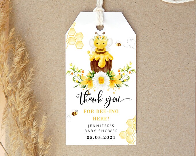 Bee baby shower thank you tag. Thank you for bee ing here favor tag template.  Editable honey bee favor tag #08
