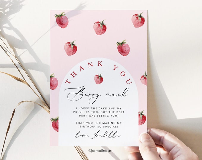Thank you berry much birthday card. Editable strawberry birthday thank you card. Corjl editable template #ber1
