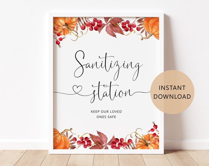 Pumpkin Sanitizing Station Sign Printable. Orange fall sanitizing station sign. Social Distance  Sign Instant Download #p1