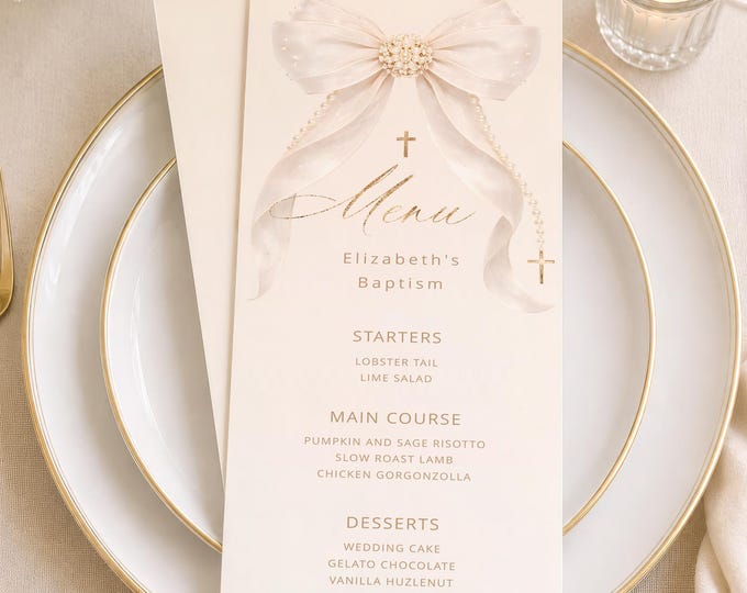 Pearl Bow Baptism Menu | Gold gender neutral Christening Menu template #bp2