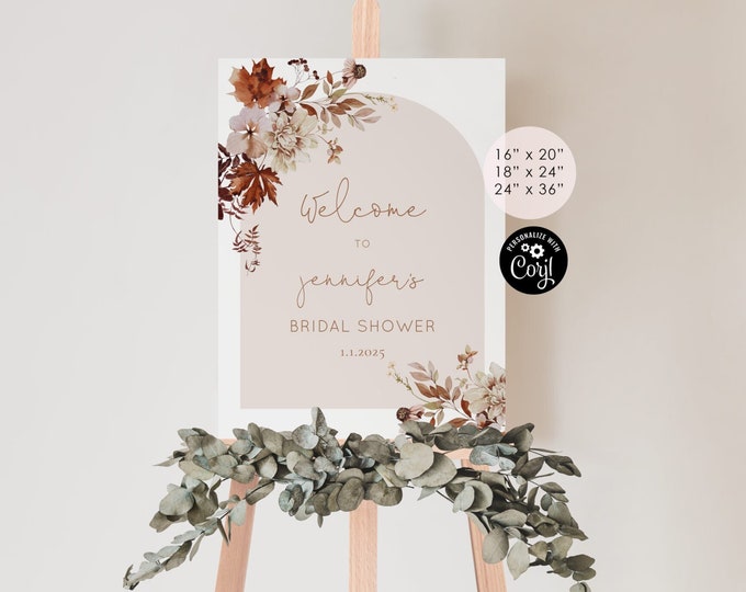 Fall bridal shower welcome sign. Autumn boho arch bridal welcome sign. Pumpkin welcome sign. Instant download. Corjl Printable #17