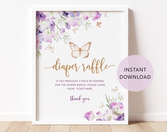 Butterfly diaper raffle sign. Purple floral diaper raffle sign. Butterfly kisses and baby wishes baby shower decoration Instant Download #06