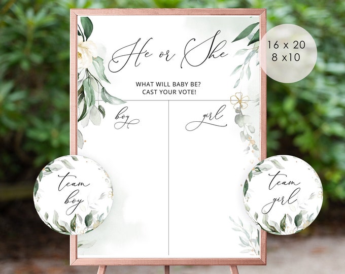 Gender reveal Boy or Girl chart. Guess the Gender sign, gender neutral editable sign. Greenery he or she sign. Cast Your Vote Sign #ws5