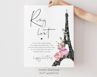 Paris Ring Hunt Game. Floral black pink eiffel tower Ring Hunt Sign. Elegant ring hunt Bridal Shower Game. Instant Download #par1