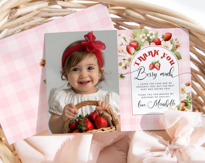Strawberry thank you card with photo. Editable berry first birthday thank you card. Berry sweet birthday thank you card  #ber2