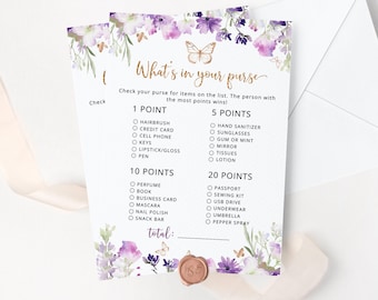 What's in Your Purse Game. Purple gold butterfly what's in your purse baby shower games. Butterfly Whats in Your Purse #06