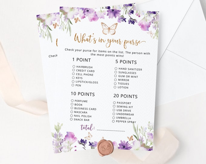 What's in Your Purse Game. Purple gold butterfly what's in your purse baby shower games. Butterfly Whats in Your Purse #06