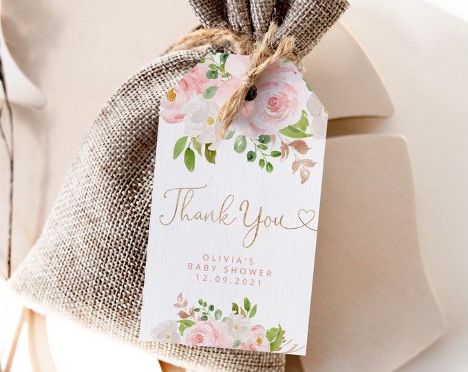 Blush gold floral Thank You Tag Template. Blush roses thank you tag. Floral baby shower favor tag  #fl1