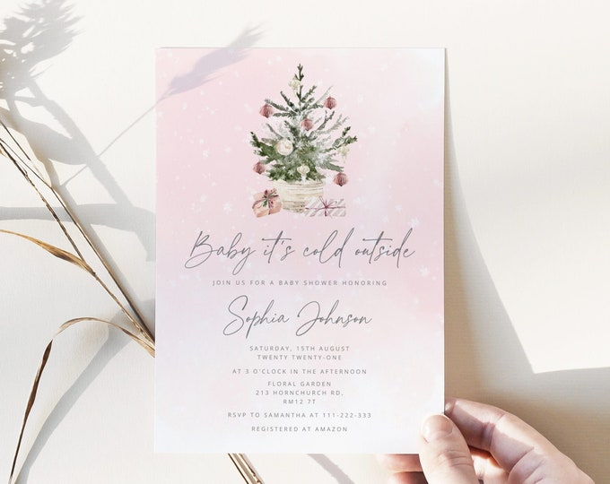 Baby it's cold outside baby shower invitation. Pink Christmas tree Baby Shower Invite. Elegant minimalist Baby Shower invite #ad7