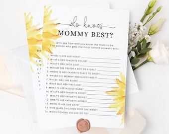 Sunflower Who Knows Mommy Best game. Printable minimalist sunflower baby shower game. Floral Baby Shower Game. Instant Download #sun1