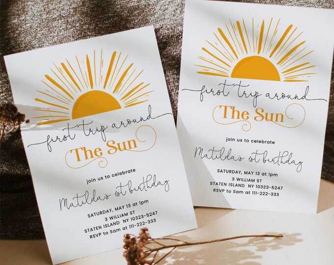 First trip around the sun birthday invitation. Gender neutral 1st birthday invite. Boho sun first birthday invitation #s3