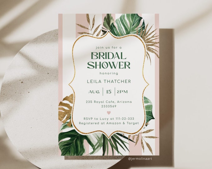 Beverly Hills bridal shower invitation. Tropical bridal shower invite. Green pink stripes palm bridal shower invitation Corjl template #bev1