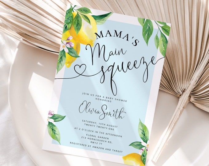 Mama's Main Squeeze Lemon Baby Shower Invitation. Blue Lemon Baby Shower Invitation. Summer Themed Baby Shower Invitation #lem4