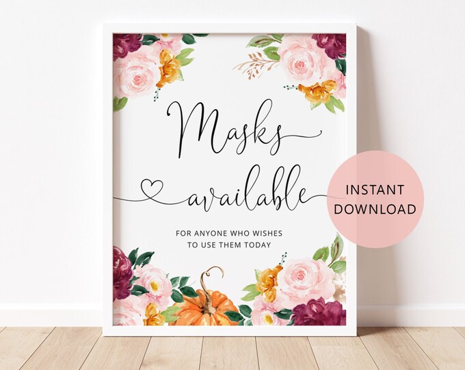 Pumpkin Masks available Sign Printable. Burgundy fall Masks sign. Social Distance  Sign Instant Download #p2