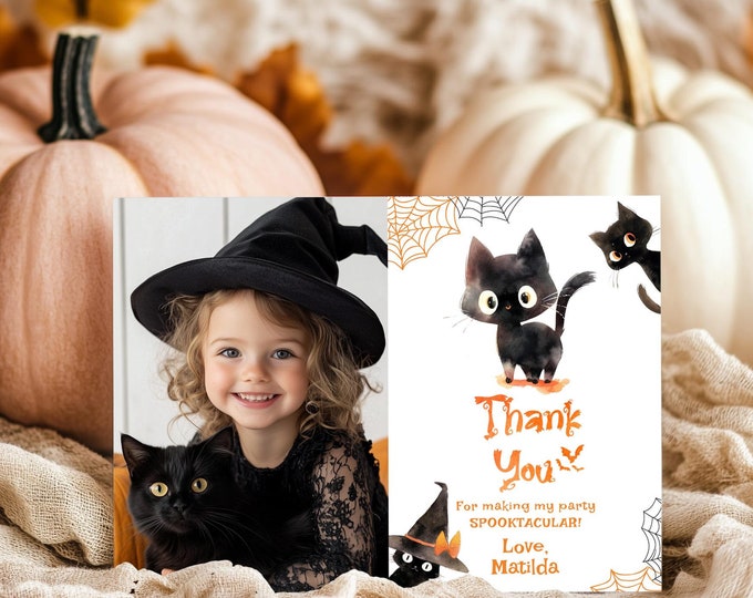 Trick or treat thank you card with photo. Editable Cute black cat birthday party photo thank you card. Corjl template #hp1