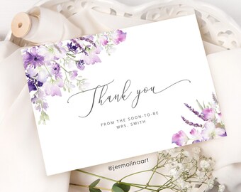 Lilac Thank You Cards Printable Template.  Wildflowers thank you card. Elegant purple bridal shower Thank You Card #09