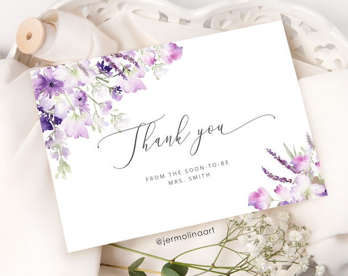 Lilac Thank You Cards Printable Template.  Wildflowers thank you card. Elegant purple bridal shower Thank You Card #09