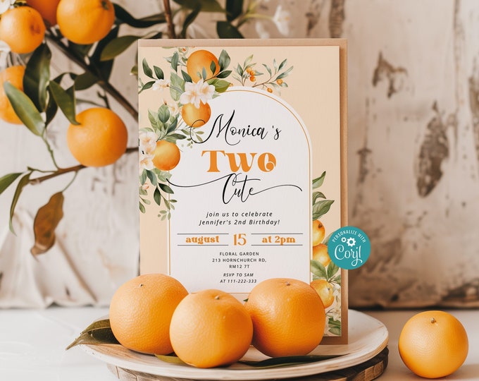 Editable Two cute 2nd birthday invitation. Citrus clementine Little cutie Birthday Invitation Corjl editable template #ct1
