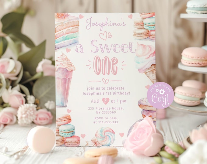 Editable Sweet One first birthday invitation. Pastel macarons Sweet One 1st birthday invitation. Corjl template #ice1