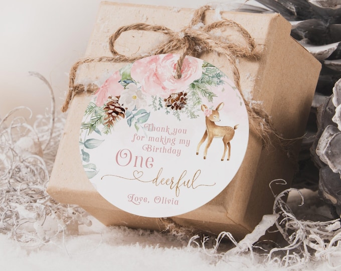Deer onederful birthday favor tag. Editable winter deer blush pink round tag. Winter girl birthday thank you tag Corjl template #wb6