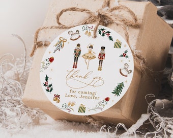 Nutracker birthday favor tag. Editable winter sugar plum fairt round tag. Winter girl birthday thank you tag Corjl template #nut1