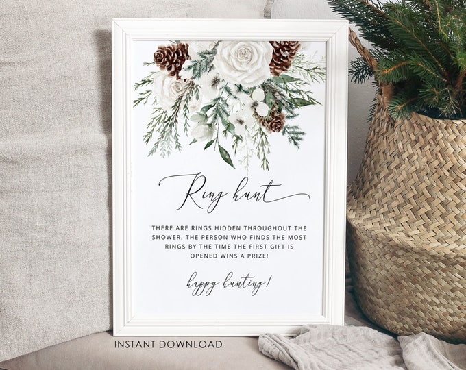 Winter Ring Hunt Game. Evergreen Ring Hunt Sign. Elegant Winter Bridal Shower Game. Instant Download #ev1