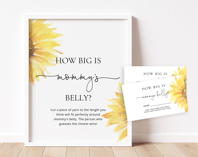 Sunflower How Big is Mommy's Belly Game. Minimalist sunflower baby shower games. Belly Guessing Game. Instant Download #sun1