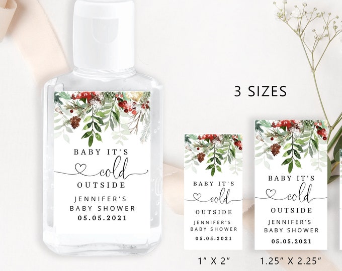 Baby its cold outside Label. Printable Hand sanitizer Stickers. Winter baby shower decor. Corjl template #rg2