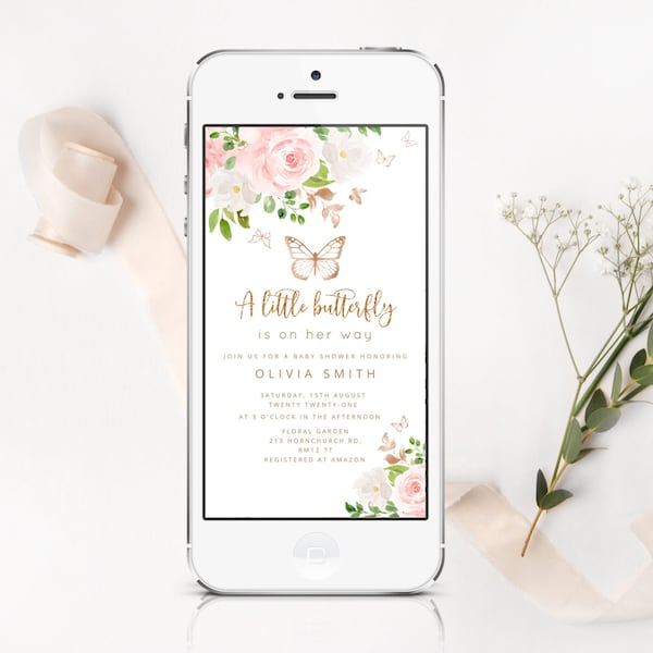 A little butterfly is on her way baby shower e-vite. Blush gold butterfly electronic invitation  #05