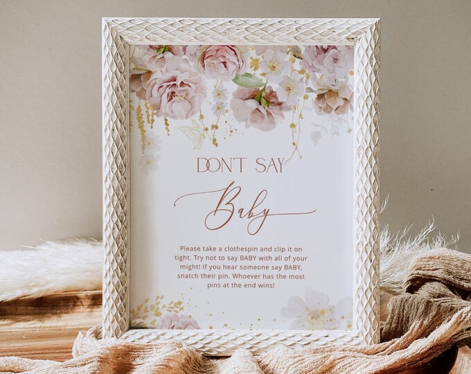 Boho garden Don't say baby game sign. Gender neutral floral Don't say baby game. Instant Download #gar1