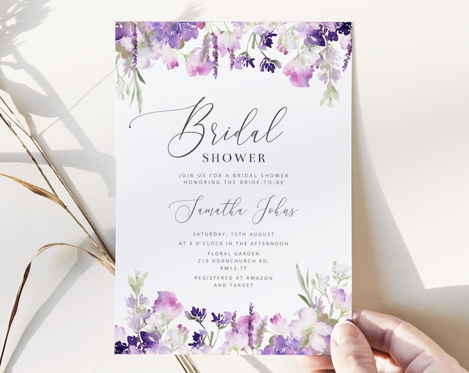 Lavender Bridal shower invitation template. Editable lilac Bridal Shower Invite.  Wildflowers bridal shower invite Instant download #09