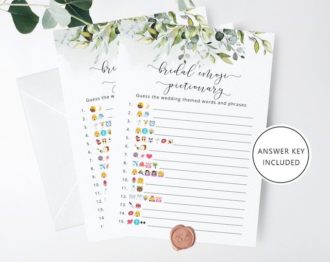 Eucalyptus Bridal shower emoji pictionary. Elegant greenery bridal emoji game. Elegant bridal shower emoji pictionary game #01